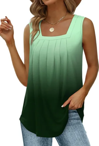 Miniatura 181 de Saloogoe - Camisetas sin mangas veraniegas para mujeres, plisadas con cuello cuadrado y dobladillo curvado, blusas de ajuste holgado con movimiento