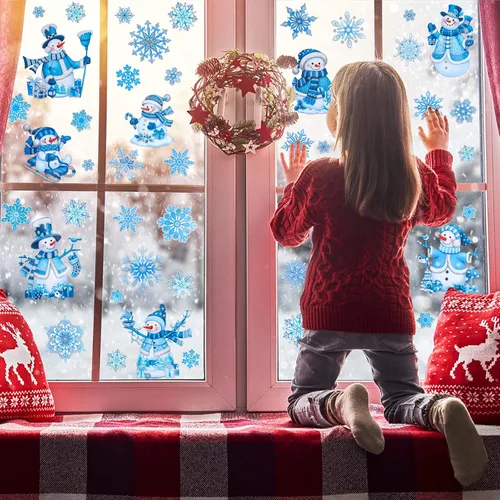 Miniatura 6 de Calcomanías de ventana de Navidad para vidrio, pegatinas de muñeco de nieve para ventana, polvo de brillo, etiquetas adhesivas estáticas de brillo