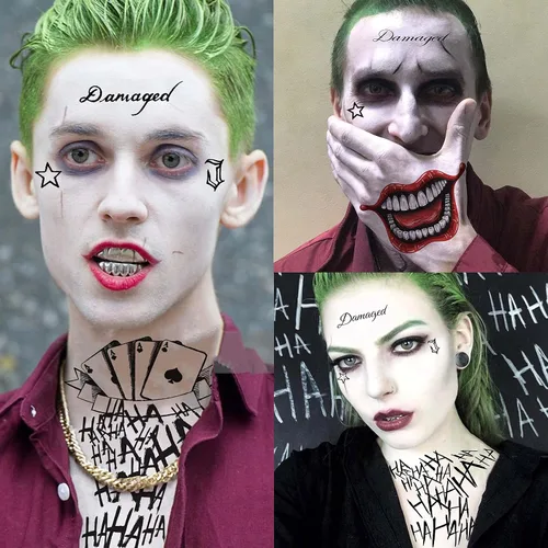 Miniatura 6 de VANTATY 5 hojas de tatuajes temporales 3D de Halloween Joker para hombres, mujeres y adultos, gótico, estilo de Halloween, impermeable, patrón de A