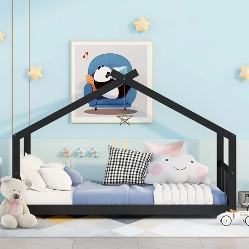 Miniatura 3 de Cama de casa de tamaño individual para niños, base de cama Montessori tamaño individual con cabecero y estribo, cama de madera para niños y niñas