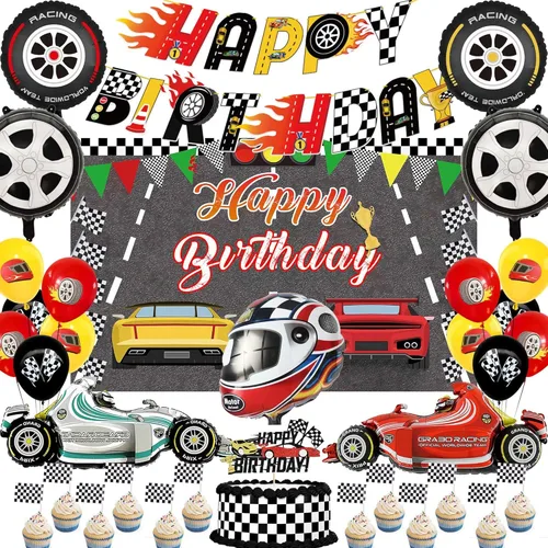 Decoraciones de fiesta de cumpleaños de coche de carreras, 34 globos de decoración, incluye pancarta, globo, telón de fondo, tela, casco de