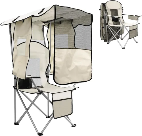 Miniatura 9 de Silla de camping BDL con toldo plegable portátil, sillas de playa con enfriador, respaldo de malla, portavasos y bolsillo para acampar, pesca, playa