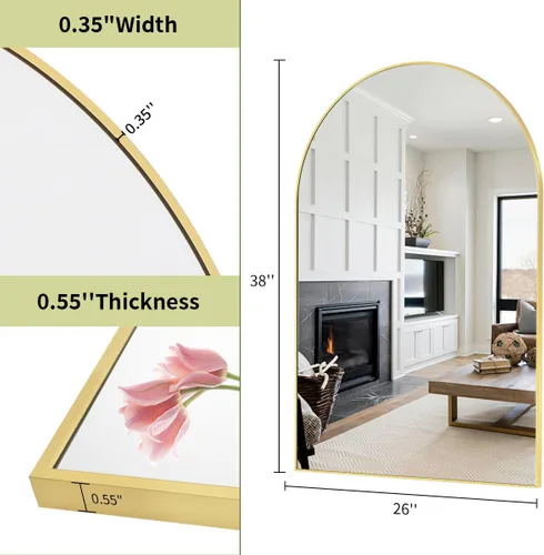 Miniatura 4 de BEAUTYPEAK Espejo de Pared Montado, Espejo de Baño Arqueado de 26 pulgadas x 38 pulgadas, Espejo de Tocador de Pared Dorado con Marco de Metal