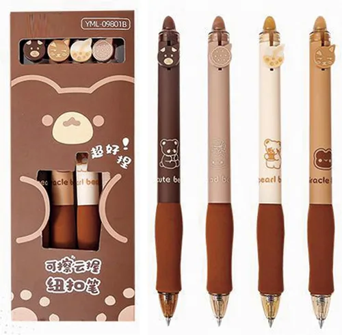 MOZXIRZ 4 bolígrafos de tinta de gel borrables retráctiles, bonitos bolígrafos de oso de 0.5mm, bolígrafo de punta fina, suministros escolares de