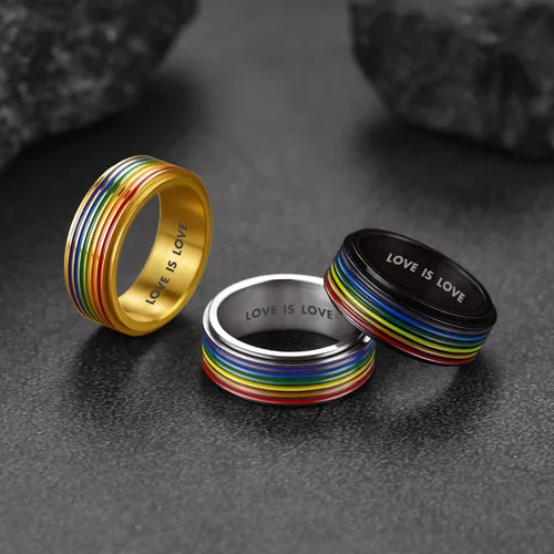 Miniatura 44 de FaithHeart Anillos para ansiedad LGBT Pride Rainbow, acero inoxidable/chapado en oro de 18 quilates, joyería de amor es amor para hombres y mujeres