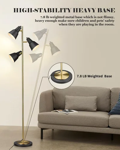 Miniatura 7 de ELYONA Lámpara de pie con árbol dorado con 3 luces giratorias ajustables, luces de pie industriales de poste alto de metal con 3 bombillas LED