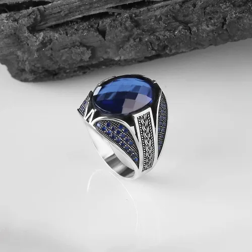 Miniatura 3 de 925 Sterling Silver Men Silver Ring with Sapphire GemStone, Handmade Engraved Silver Ring, Gift for him, Minimalist Silver Ring