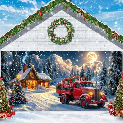 Miniatura 3 de Cubierta de puerta de garaje de Navidad de 6 x 8 pies, Papá Noel, retro, camión, nieve, árbol de Navidad, decoración de puerta de garaje, decoración