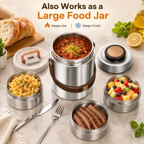 Miniatura 5 de Termo mejorado de 67 onzas para comida caliente, Termo de comida apilable de 3 capas, Frasco termo para sopa con bolsa aislada, Ideal para oficina