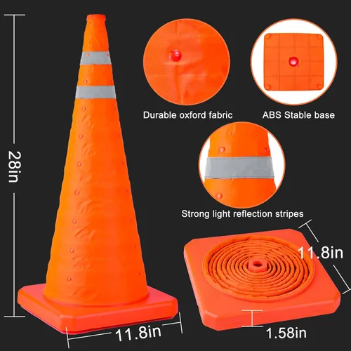 Miniatura 6 de Paquete de 2 conos de seguridad plegables de tráfico de 28 pulgadas, conos de estacionamiento con collares reflectantes, conos de seguridad naranjas