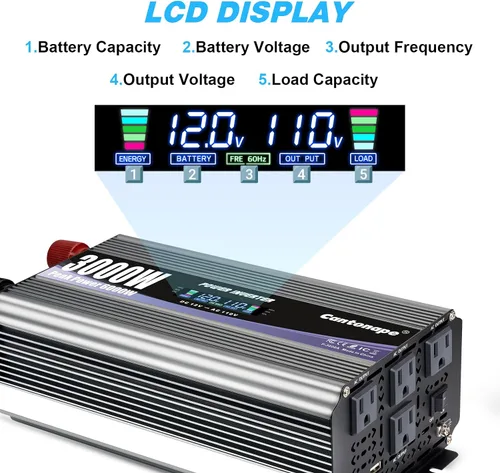 Miniatura 2 de Cantonape Inversor de corriente de 3000 W de 12 V a 110 V/120 V CC a CA con pantalla LCD, control remoto y 4 salidas de CA, adaptador de coche