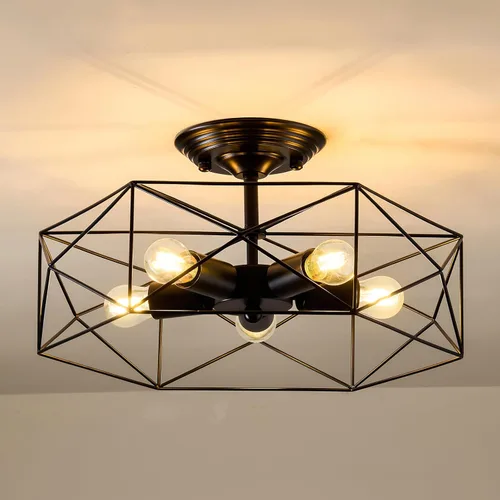 Miniatura 10 de Accesorio de Lámpara de Techo Industrial Semiempotrada de 4 Luces, Candelabro Sputnik Moderno de Metal Negro con Base de Bombilla E26, Luz Pegada al