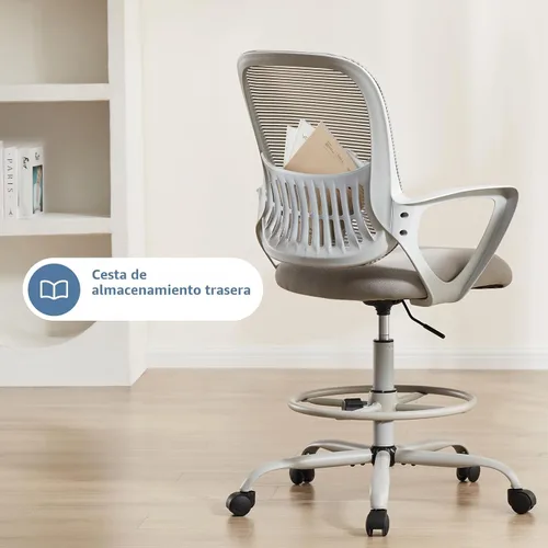 Miniatura 7 de DUMOS Silla de Dibujo - Silla de Oficina Ergonómica y Alta para Escritorio de Pie, Mostrador con Altura Ajustable y Cómodo Soporte Lumbar, Gris