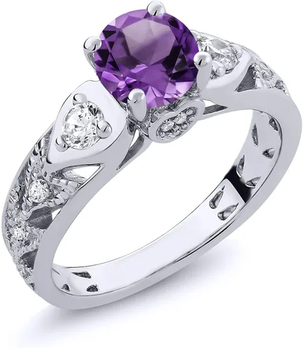 Gem Stone King Anillo de compromiso de plata de ley 925 con amatista morada para mujer (1.96 quilates, redondo de 0.236in, piedra natal disponible