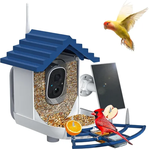 Comedero inteligente para pájaros con cámara, alimentado por energía solar e identificación IA, alimentador de pájaros WiFi de 2.4 Ghz para Azul