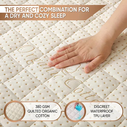 Miniatura 3 de Protector de colchón acolchado de algodón orgánico de lujo, tamaño individual, almohadilla impermeable y transpirable de 380 GSM, funda ajustable