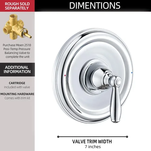 Miniatura 4 de Kit de accesorios para bañera y ducha con equilibrio de presión, compatible con válvula Moen Posi-Temp, cromado Cromo