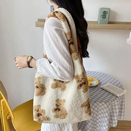 Miniatura 7 de Bolsa de piel sintética para mujer y niña, tipo bandolera, linda, grande, con diseño de oso de felpa para compras o citas