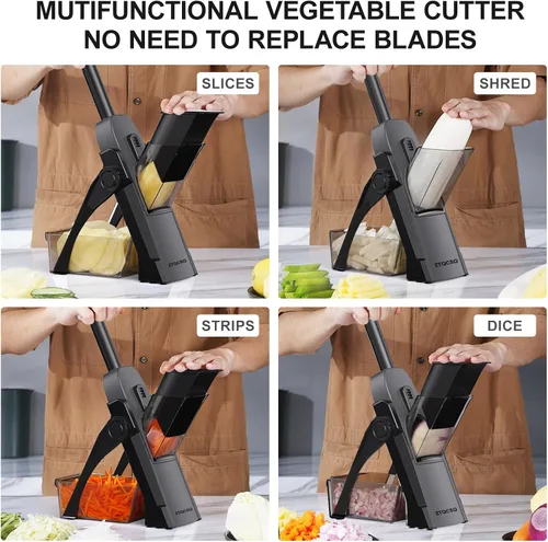 Miniatura 3 de Cortador de mandolina 5 en 1 seguro para cocina, picador de verduras seguro, cuchillo de pelar, grosor ajustable, fácil de limpiar, rebanador
