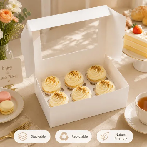 Miniatura 3 de Pralb Paquete de 20 cajas blancas para cupcakes con insertos, 6 soportes, cajas blancas estándar de panadería con ventana de PVC, recipientes