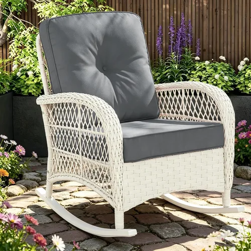 Miniatura 25 de MEETWARM Mecedora de mimbre para exteriores, sillas mecedoras de ratán para patio con cojines y respaldo alto, silla de mimbre para patio para todo