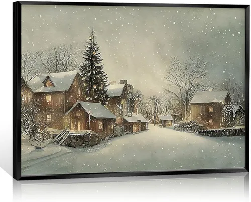 Miniatura 14 de Huabsad Lienzo vintage de Navidad con diseño de casa de campo, arte de pared, estilo retro, nieve, invierno, pueblo, paisaje, famoso, pintura al