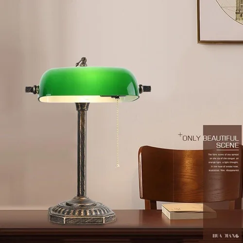 Miniatura 3 de Vintage Green Glass Shade Table Lamp Industrial Gold Iron Body Light Fixture with Pull Chain Desk
