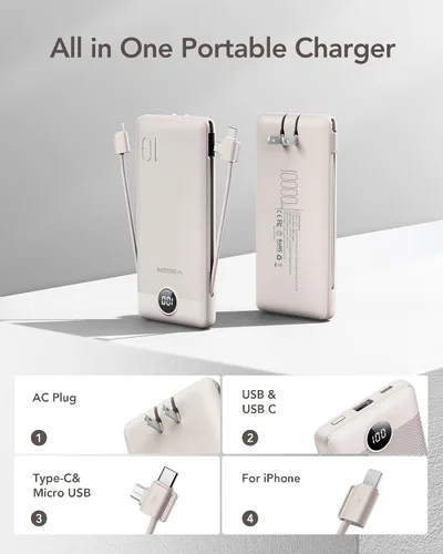 Miniatura 2 de VEGER Cargador Portátil con Enchufe de CA Integrado y Cables, Todo en Uno 10000mAh Batería Externa Ultra Delgada Esenciales de Viaje, Paquete