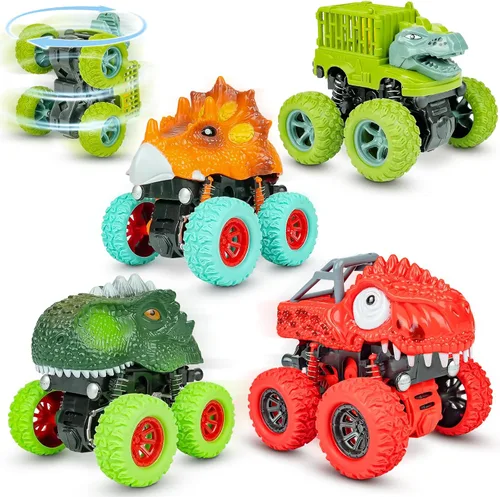 Beestech Juguetes de dinosaurio para niños de 2, 3, 4, 5 años, vehículos de monstruos de dinosaurio con fricción para empujar y tirar para niños