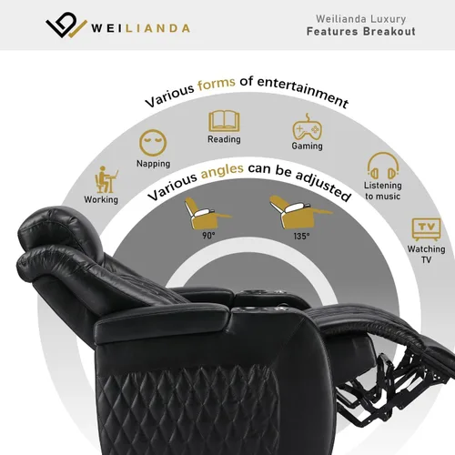 Miniatura 7 de Weilianda Asientos de Cine en Casa de Cuero de Grano Superior Silla Reclinable con Reposacabezas Eléctrico y Reclinación Asientos de Película Sofá
