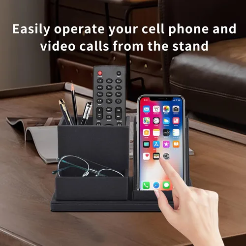 Miniatura 2 de Organizador de escritorio de piel sintética para bolígrafos/lápices, caja de almacenamiento multifunción para teléfono celular/control remoto con 3