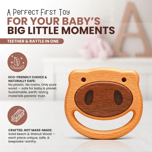 Miniatura 2 de HippoToys - Sonajero de madera para bebés de 0 a 12 meses, sin pintura, sin plástico, sin toxinas, juguete natural inspirado en Montessori, sonido