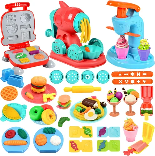 Crelloci Juego de creaciones de cocina de masa de colores 3 en 1, máquina para hacer helados, espaguetis y hamburguesas, juguetes de modelado de