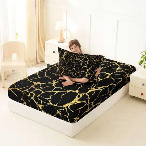 Miniatura 4 de Erosebridal Sábana bajera ajustable de mármol metálico dorado, tamaño individual, sábanas de cama con purpurina dorada negra, diseño de textura
