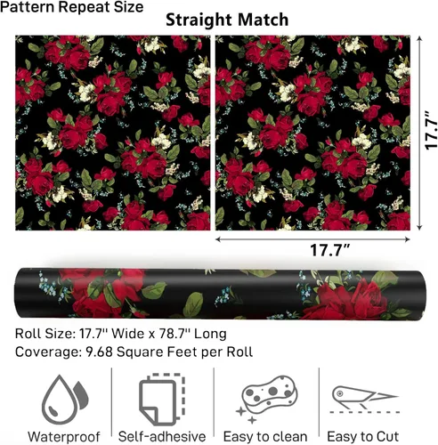 Miniatura 9 de VaryPaper Papel tapiz vintage con diseño floral oscuro de rosas rojas, 17.7 x 78.7 pulgadas, papel de contacto floral rojo para paredes, armarios