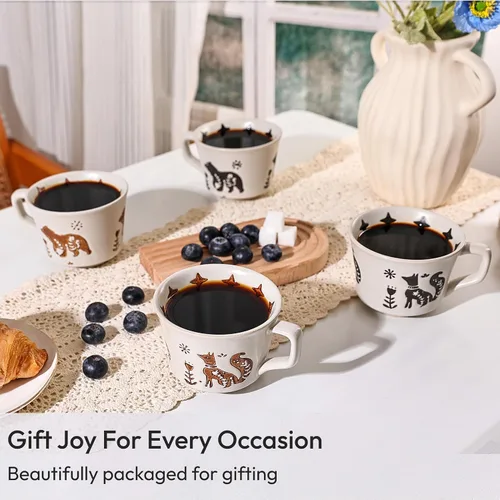 Miniatura 5 de Taza de Café de Cerámica, Taza de Té Única y Novedosa de 12 oz con Asa, Taza de Gres para Té Moca Latte Capuchino Espresso (Zorro)