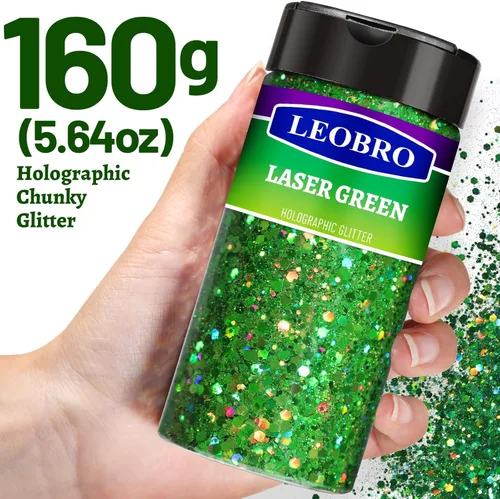 Miniatura 2 de Leobro - Purpurina verde, 160g/5.64oz de purpurina gruesa holográfica para manualidades, resina, uñas, cuerpo, vasos, decoraciones de fiesta Verde