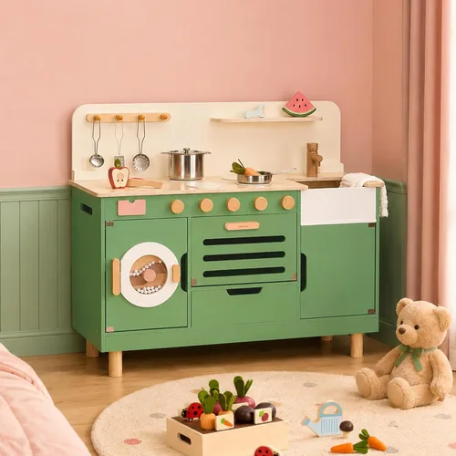 Miniatura 5 de Cocina de madera para niños con lavadora 2 en 1 Montessori Juego de juego de simulación con fregadero y horno, regalo para niños y niñas a partir