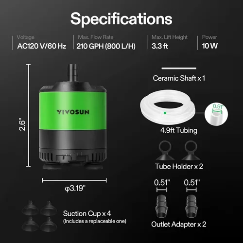Miniatura 7 de VIVOSUN Bomba de agua sumergible de 210 GPH de 10 W, con flujo de agua ajustable, tubo de 4.9 pies, eje de cerámica adicional y adaptadores