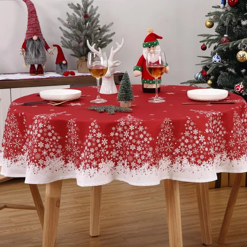 Miniatura 4 de ROYGROW Mantel Redondo de 60 Pulgadas para Navidad con Copo de Nieve y Árbol de Navidad Impreso, Fundas Decorativas Lavables para Cenas de Fiestas