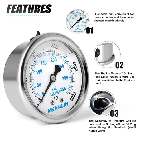 Miniatura 5 de MEANLIN MEASURE 0~5000 Psi Acero inoxidable 1/4" NPT esfera de 2.5 pulgadas Manómetro de presión lleno de líquido WOG Agua Aceite Aire montaje