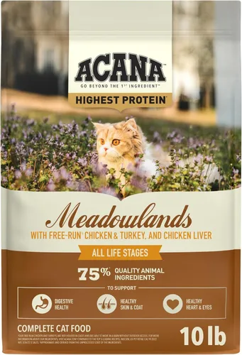 ACANA Alimento seco para gatos sin granos Meadowlands Pollo, pavo, pescado y huevos de gallinas libres de jaula, bolsa de 10 libras