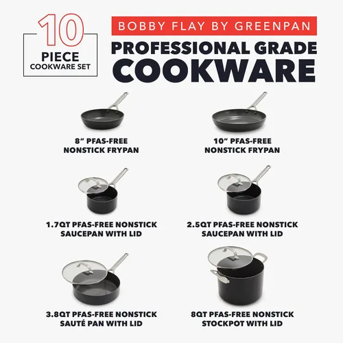 Miniatura 3 de GreenPan x Bobby Flay - Juego de utensilios de cocina anodizado duro antiadherente, 10 piezas, ollas y sartenes de cerámica sin PFAS, apto