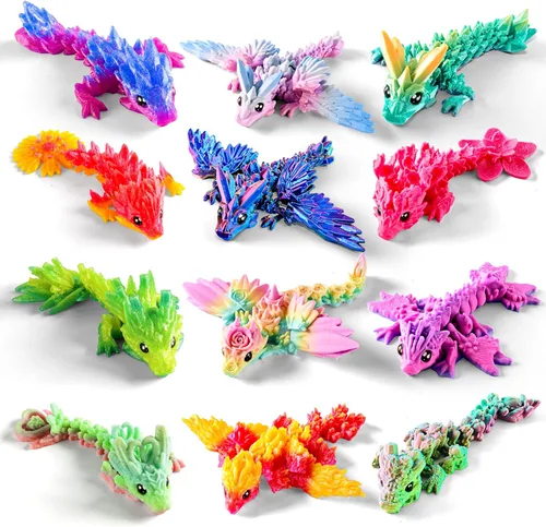 Juego de 12 dragones impresos en 3D, cesta de Pascua, regalos para niños y niños, dragones flexibles articulados de 4.4 a 6 pulgadas, decoración de