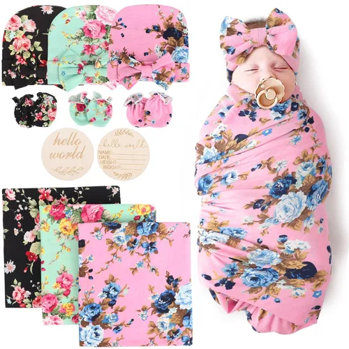 Miniatura 28 de DRESHOW BQUBO Manta de Recepción para Recién Nacido con Conjunto de Gorro con Lazo Estampado de Flores Manta Envolvente para Bebé con Gorro 1 juego