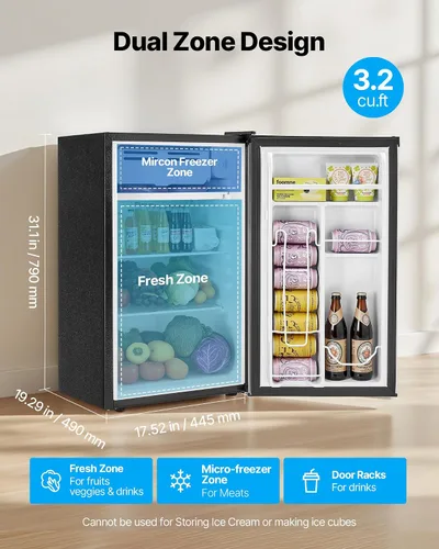 Miniatura 2 de VEVOR Mini refrigerador de 3.2 pies cúbicos con congelador, refrigerador compacto de una sola puerta con zona de congelador de micrones, temperatura