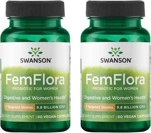 Swanson FemFlora - Probiótico para mujer para apoyo a la salud digestiva, urinaria y vaginal femenina, con 9 mil millones de UFC por cápsula (60