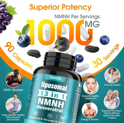 Miniatura 4 de Suplemento NMNH de 1000 mg, fórmula avanzada 13 en 1 (mononucleótido de dihidronicinamida) - Soporte NAD+ para un envejecimiento saludable, energía