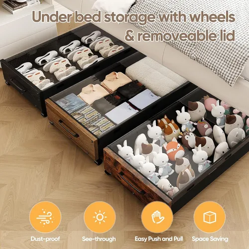 Miniatura 5 de Almacenamiento debajo de la cama con ruedas, 2 paquetes de contenedores de almacenamiento de madera extra grandes debajo de la cama, organizador