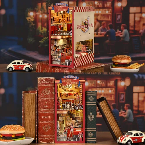 Miniatura 2 de fifijoy Kit de rincón de libros - Kit de casa de muñecas en miniatura DIY para adultos y adolescentes, decoración retro de estantería de restaurante